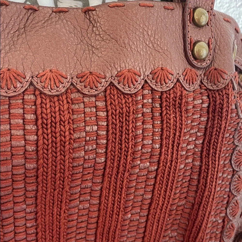 Isabella Fiori Large Shimmery Rust Leather/Knit Pom Tassel Satchel/Hobo Bag - Picture 10 of 11